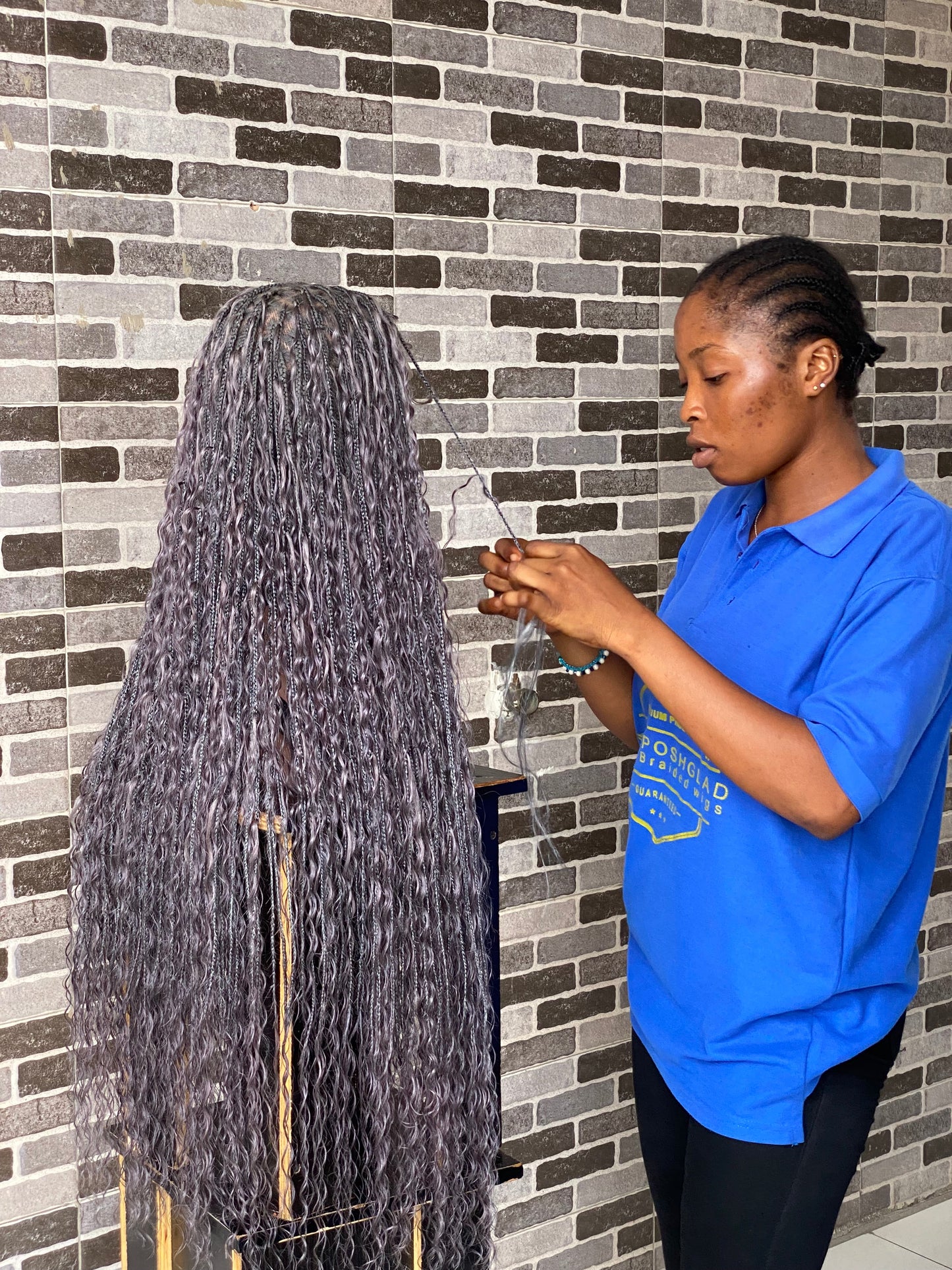 100% Human Hair Bohemian Knotless Braid Wig, Gray Color, Waist Length - (TARA GERY)