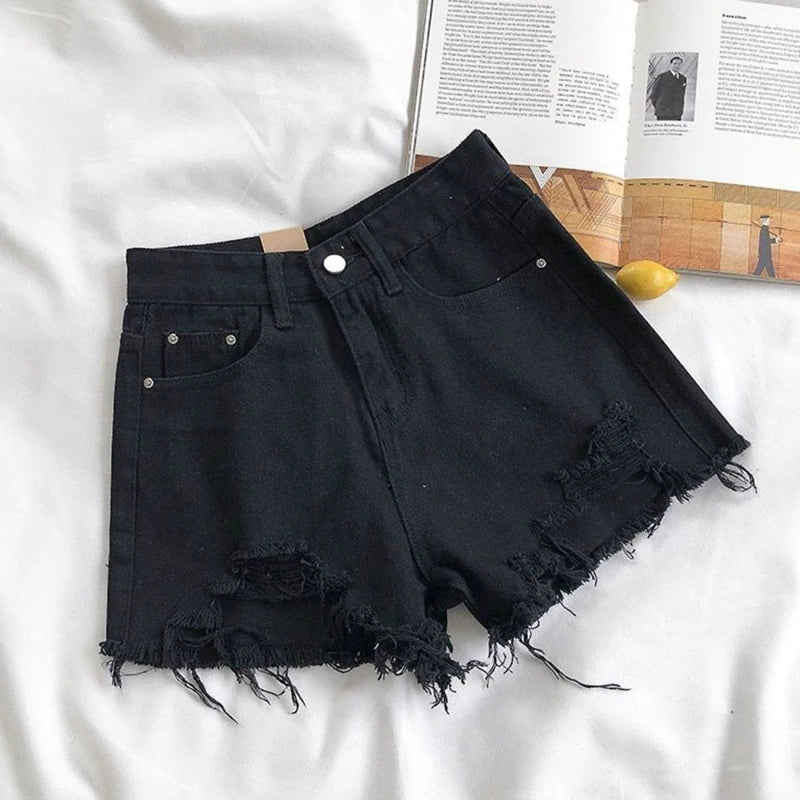 Korean Denim Holes Shorts For Women Fashion High WaistWide Leg Short Jeans Female Designer Casual Street Short 2024 New