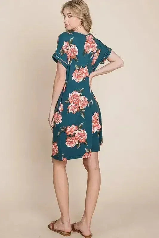 BOMBOM Floral Round Neck Short Tee Dress with Pockets
