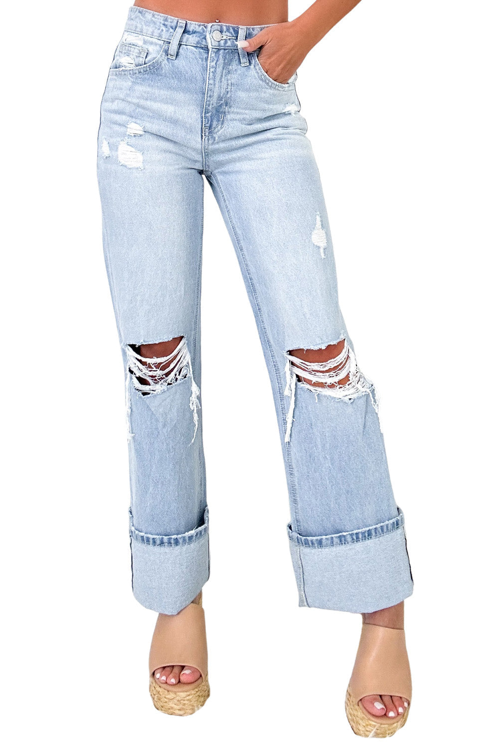 Beau Blue Light Wash Distressed Flare Jeans High Waist