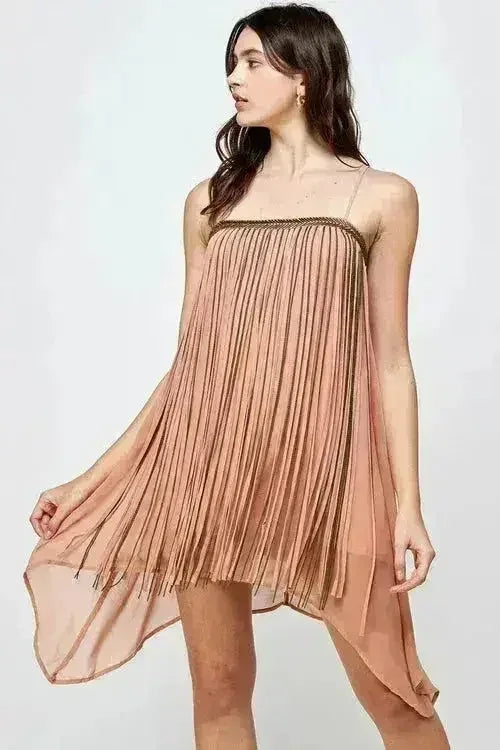 Metallic Fringe Sleeveless Mini Dress Flow - Femstylo