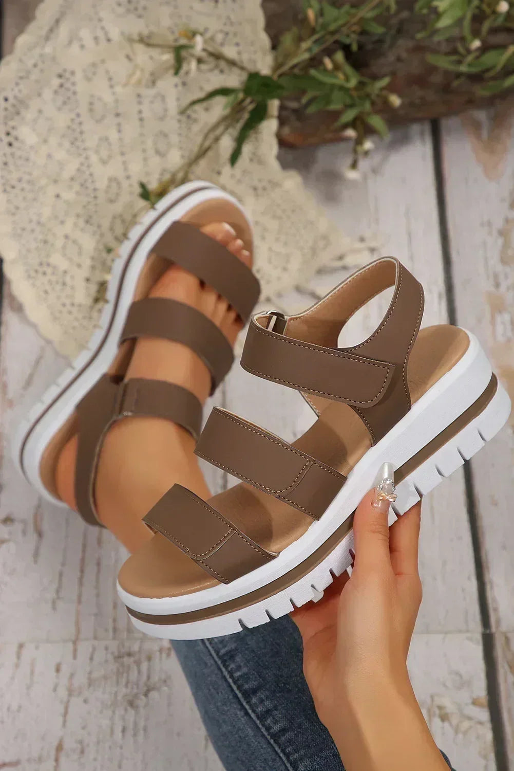 Black Hollow Out Buckle PU Leather Platform Sandals