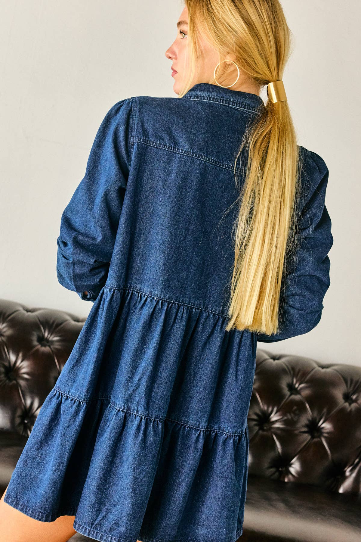 Button Down Babydoll Ruffle Denim Dress