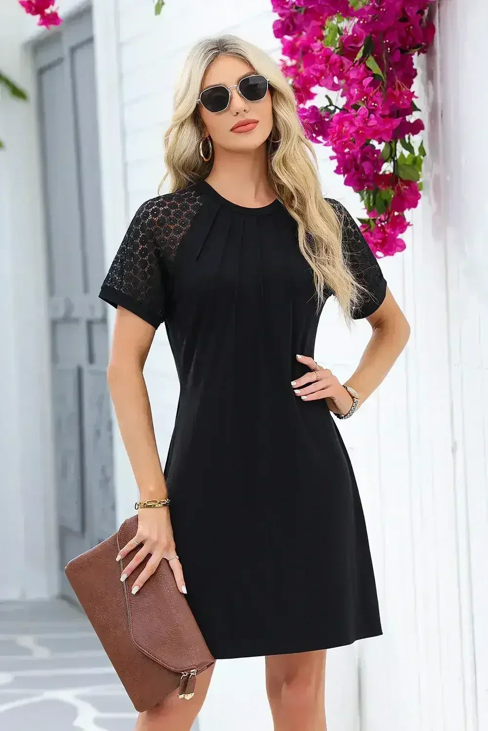Navy Blue Contrast Lace Raglan Sleeve Pleated Mini Dress
