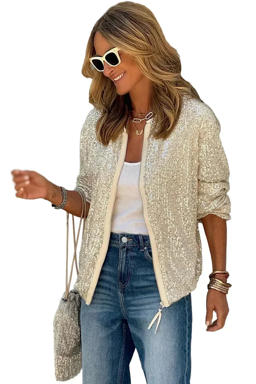 Apricot Sequin Zipper Jacket – Subtle Sparkle | Femstylo