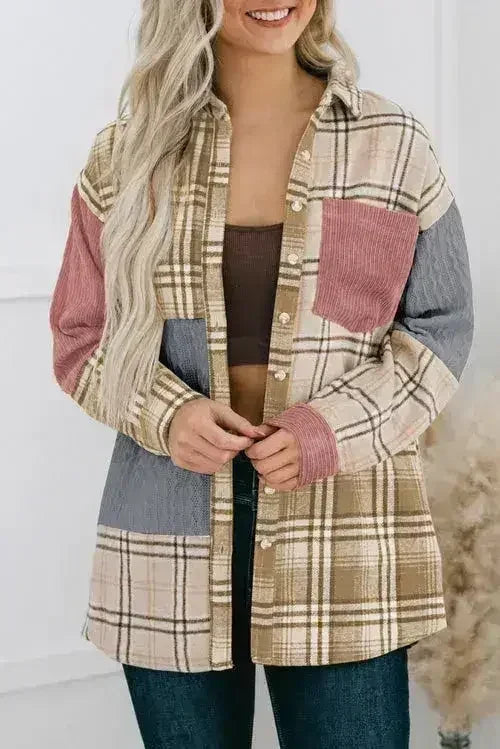 Plaid Color Block Patchwork Shirt Jacket with Pocket