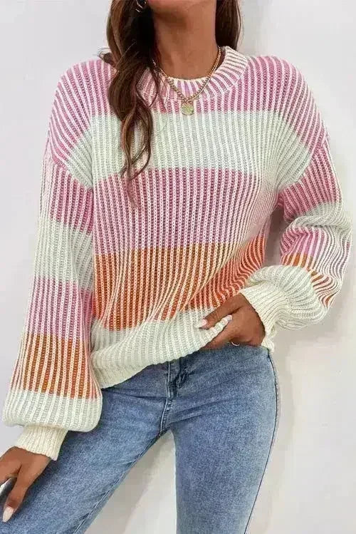 Pink Colorblock Knit Bubble Sleeve Sweater – Femstylo
