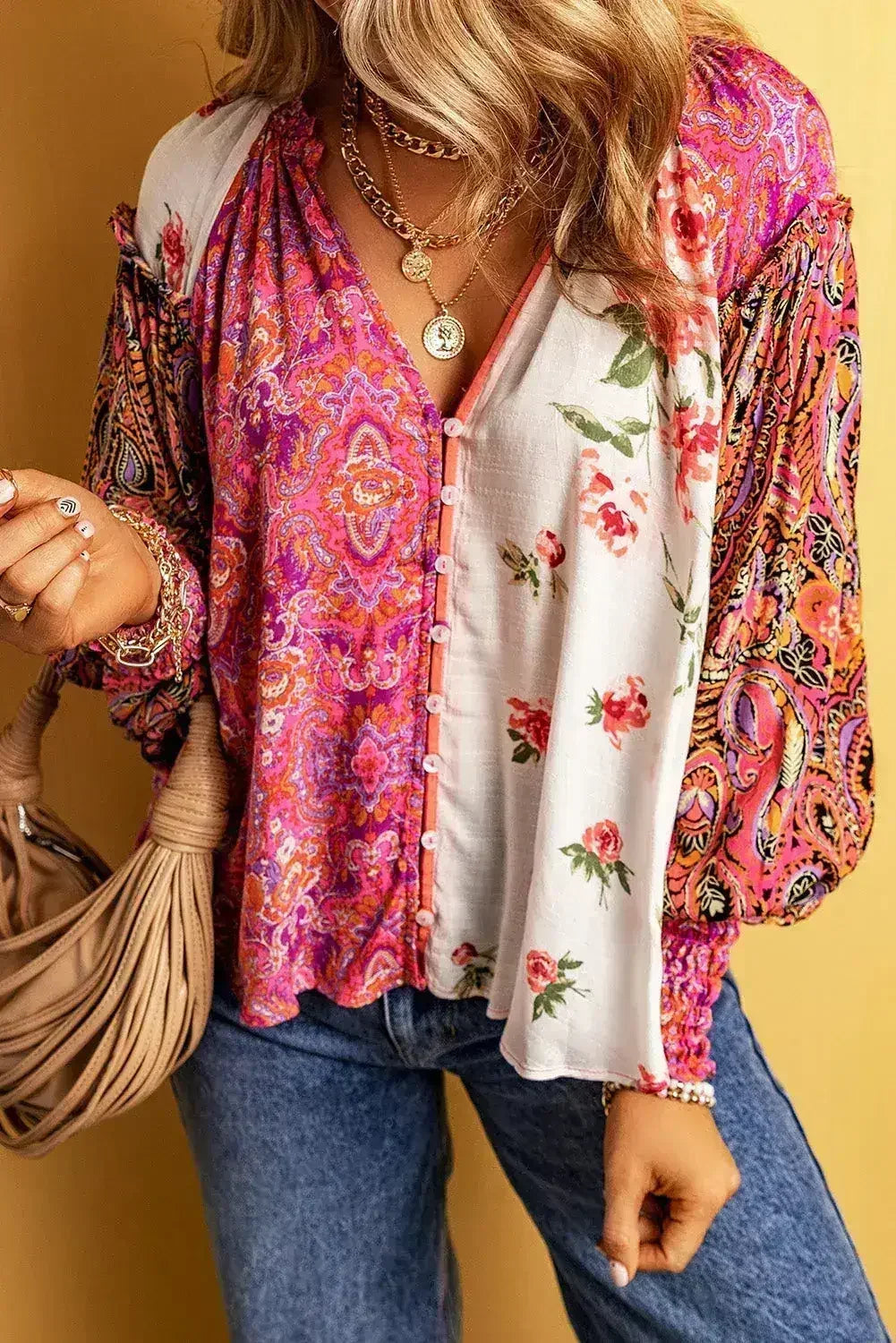 Multicolor Floral Patchwork Shirred Cuff Buttoned V Neck Blouse