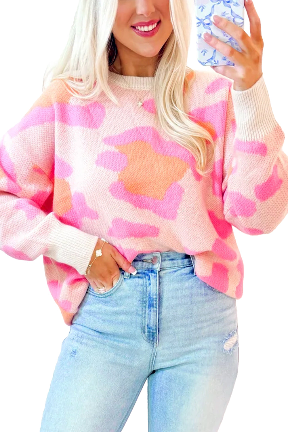 Sachet Pink Cheetah Colorblock Sweater Long Sleeve Cozy