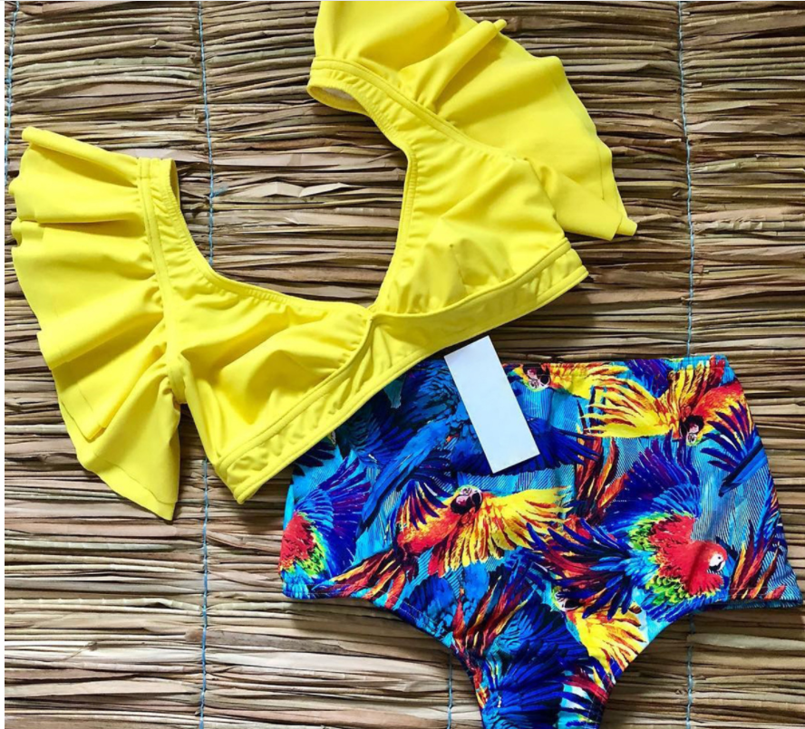 Floral Vintage High Waist Swimsuit Bikini Sexy Flounce Vest Deep V Plunge Plunge Swimsuit