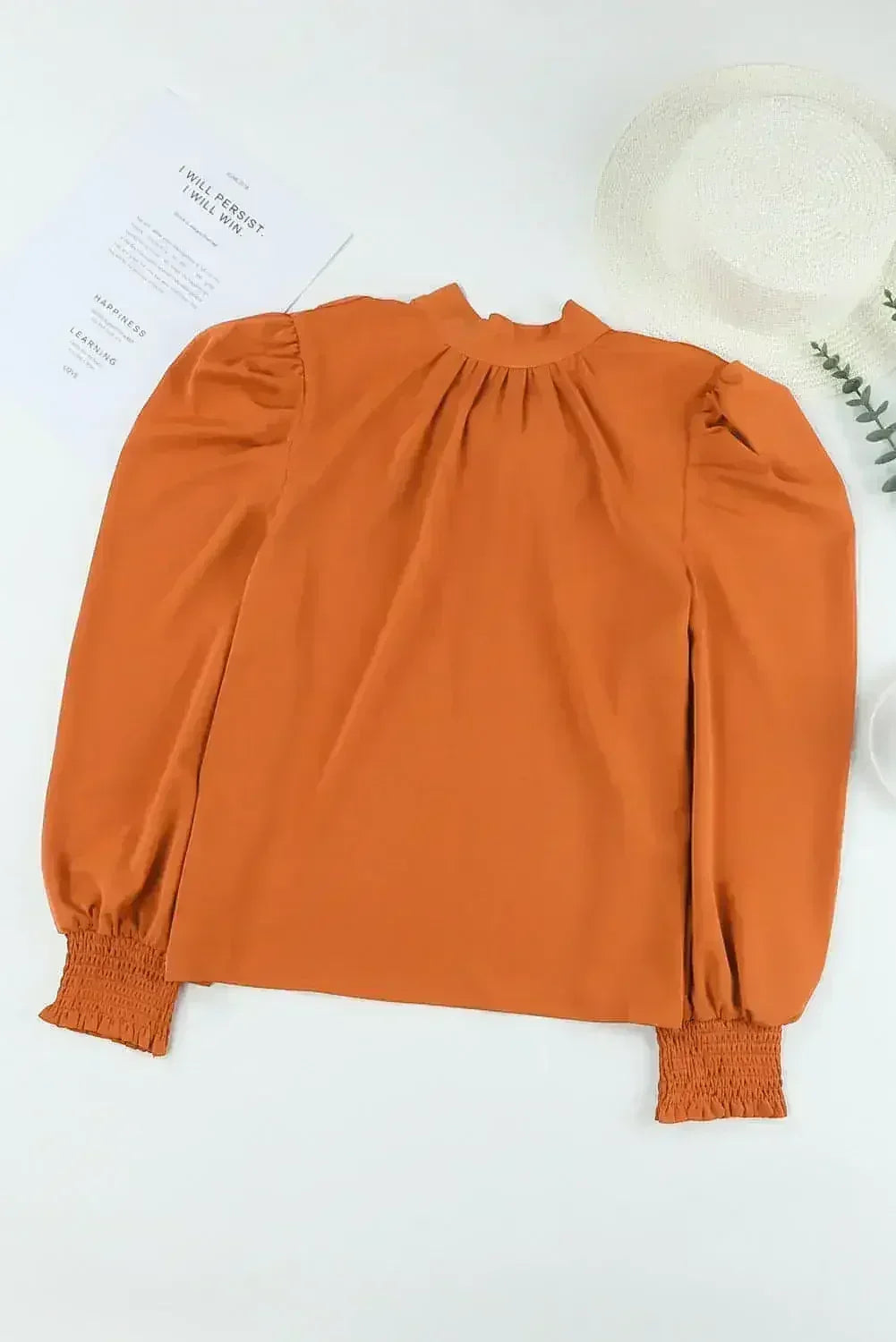 Orange Chiffon Blouse - Bubble Sleeves & Mock Neck | Femstylo
