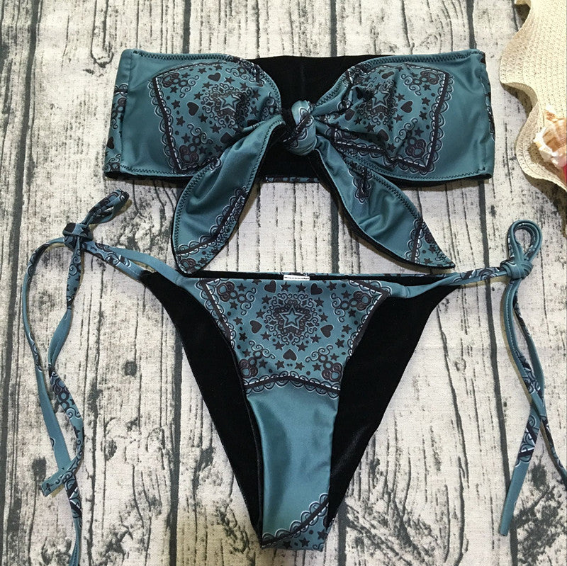 Retro Printed Bikini Front Knotted Swimsuit Female Tied Swimsuit Bikini