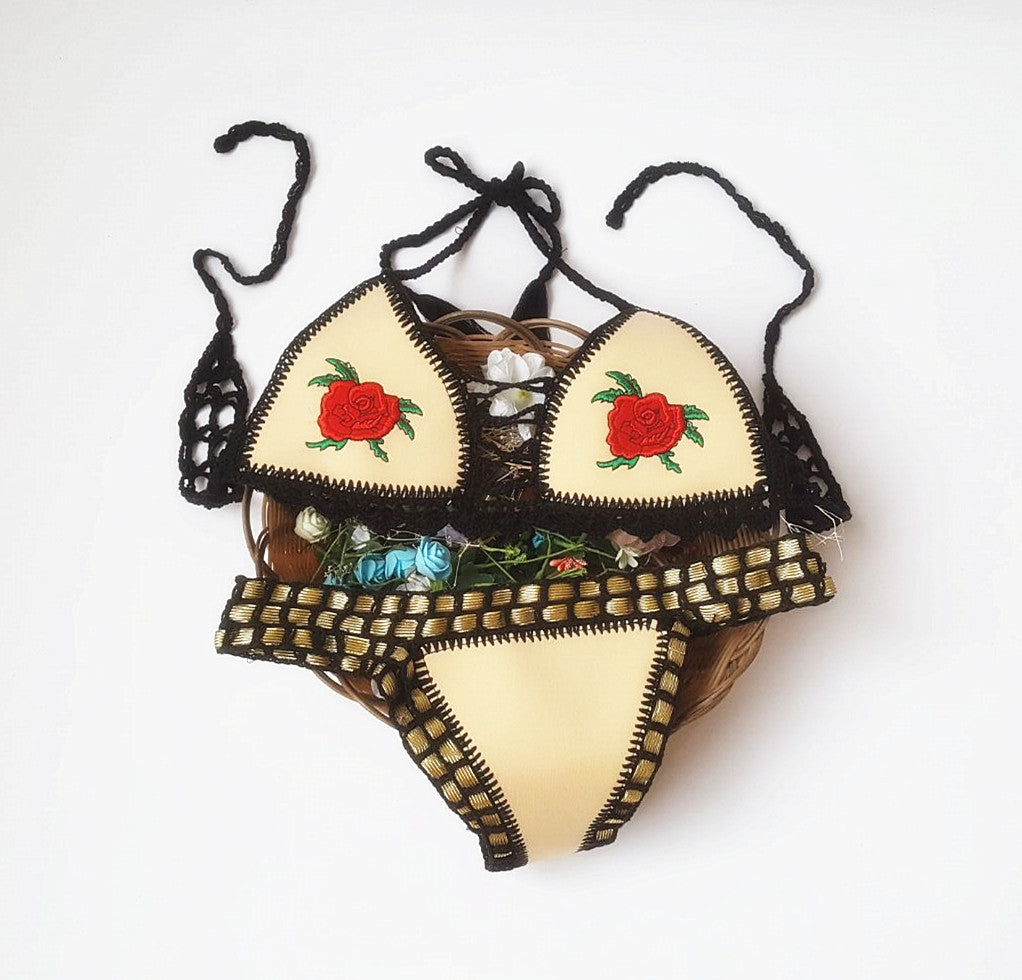 Bikini Crochet Embroidery Rose Women Swimsuit High Elastic Embroidered Split Swimsuit Bikini