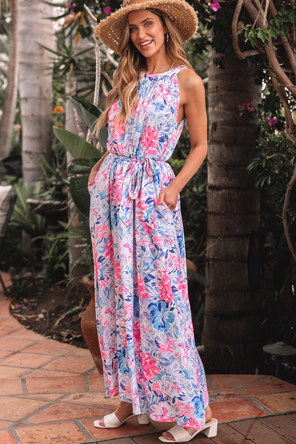Adley Floral Sleeveless O Neck Knot Waist Maxi Dress