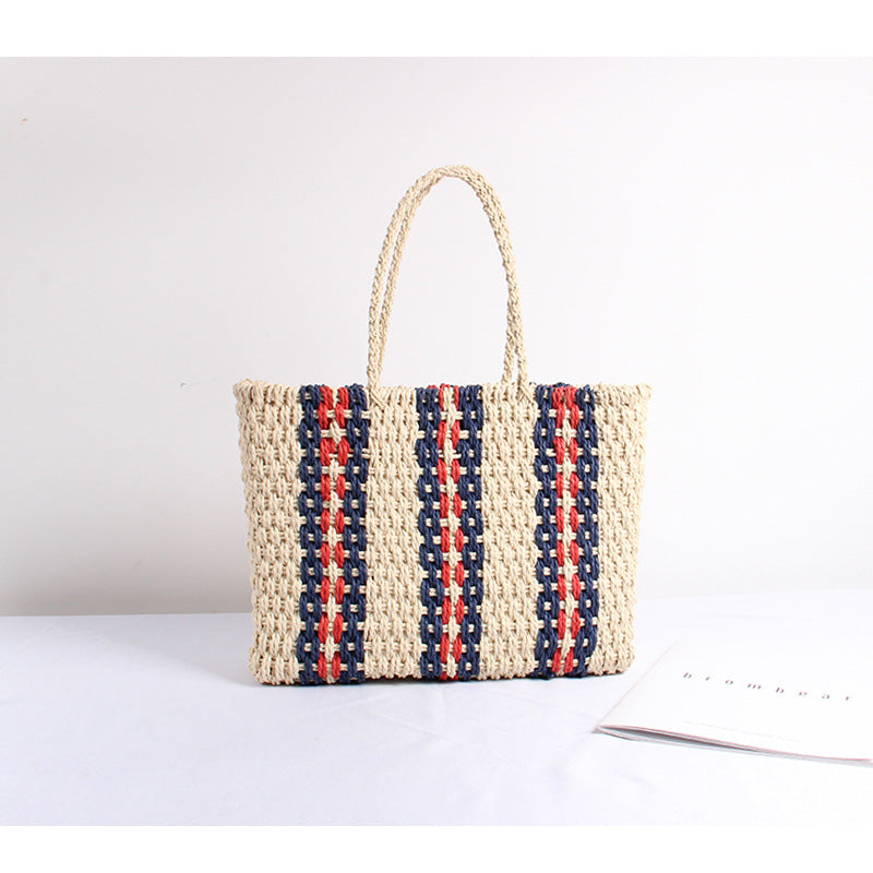 Straw Bag Women Striped One Shoulder Portable Large Capacity Woven Square Bag Travel Vacation Beach Bag