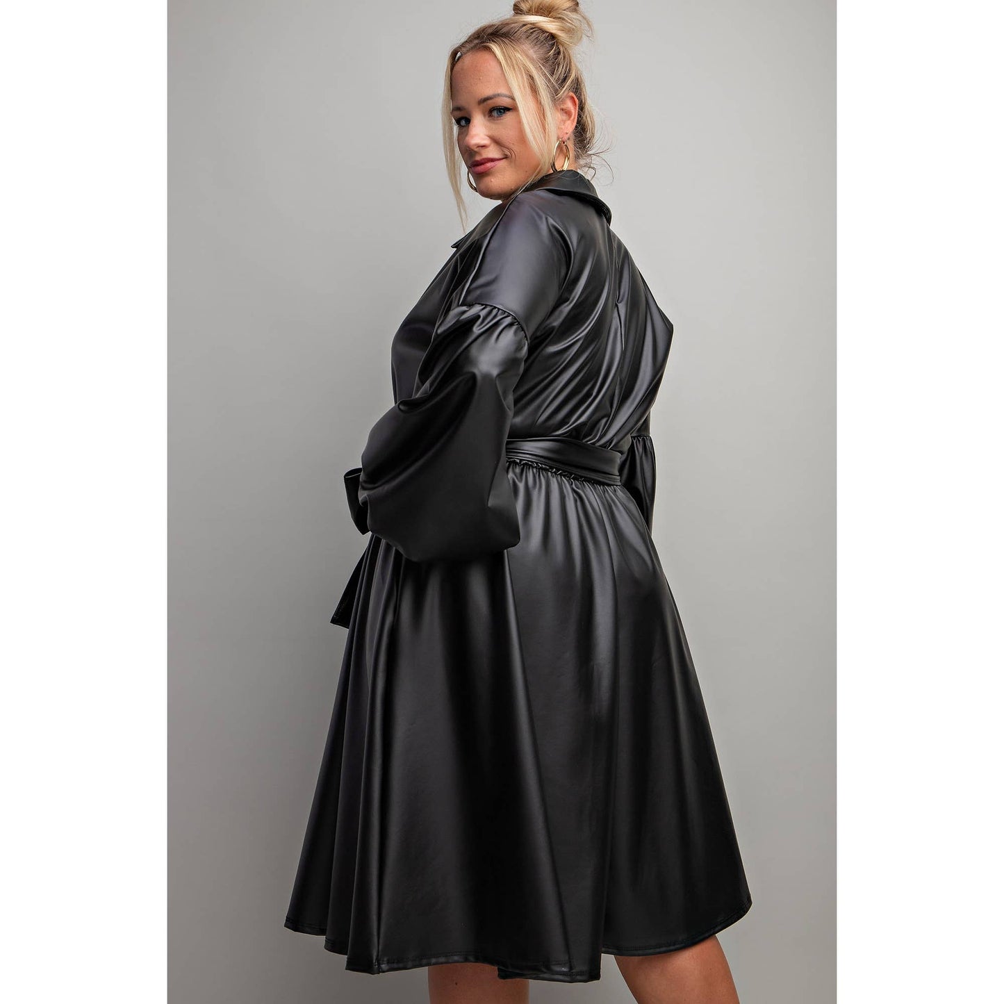 Victoria Plus Size Faux Leather Button Front Fit Flare Dress