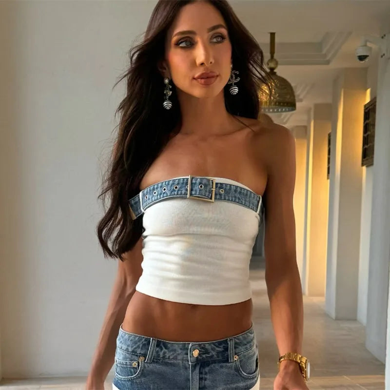 Chic Women Patchwork Denim 2-piece Sets Strapless Sleeveless Tops Baggy Wide Leg Dragging Pants Outfits Elegant Casual Suits