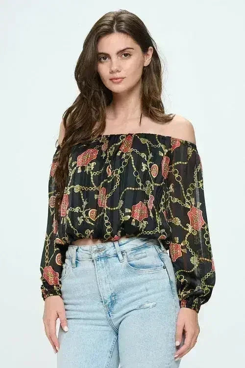 Off-Shoulder Chain Print Crop Top - Red & Black Chiffon Blouse - Femstylo
