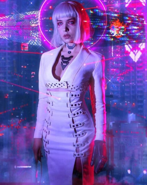 Neon Girl White Leather Coat Cyberpunk 2077