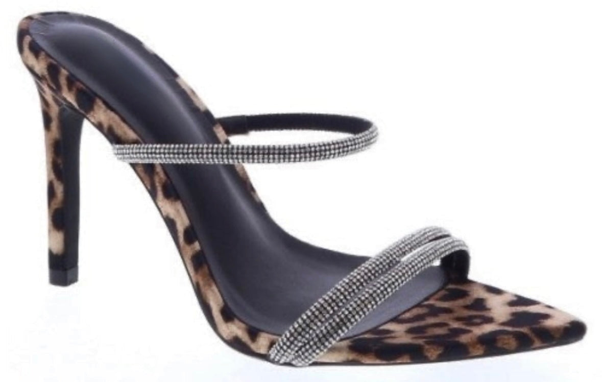 Leopardesse Leopard Print Pointy Toe Stiletto Rhinestone Slides