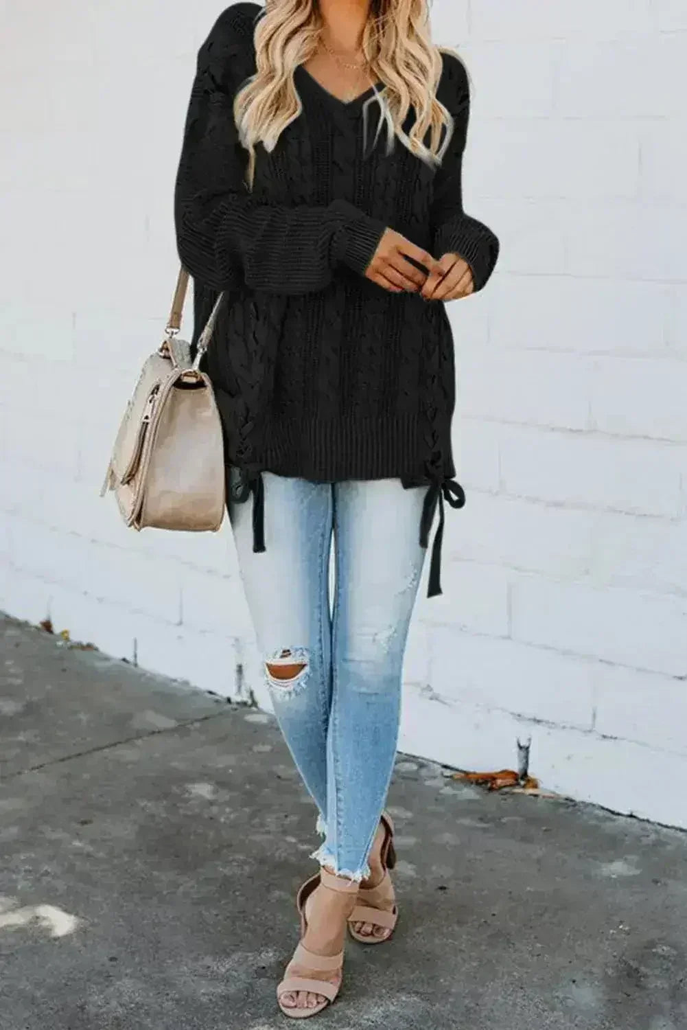 Black Love Letters Lace Up Cable Knit Sweater