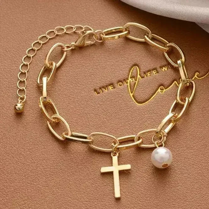 Oval Link Bracelet – Gold Plated with Cross Charm & Faux Pearl