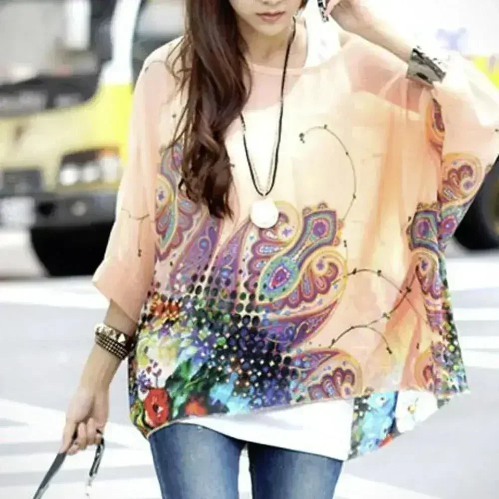 Paisley Print Chiffon Top - Batwing Boho Blouse | Femstylo
