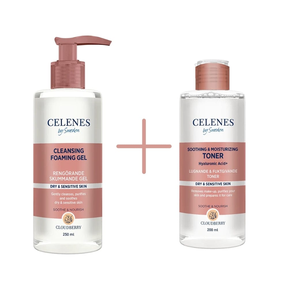 Celenes by Sweden Cloudberry Cleasing Foaming Gel 250 ml / 8.5 fl oz & Soothing & Moisturizing Toner 200 ml / 6.8 fl oz