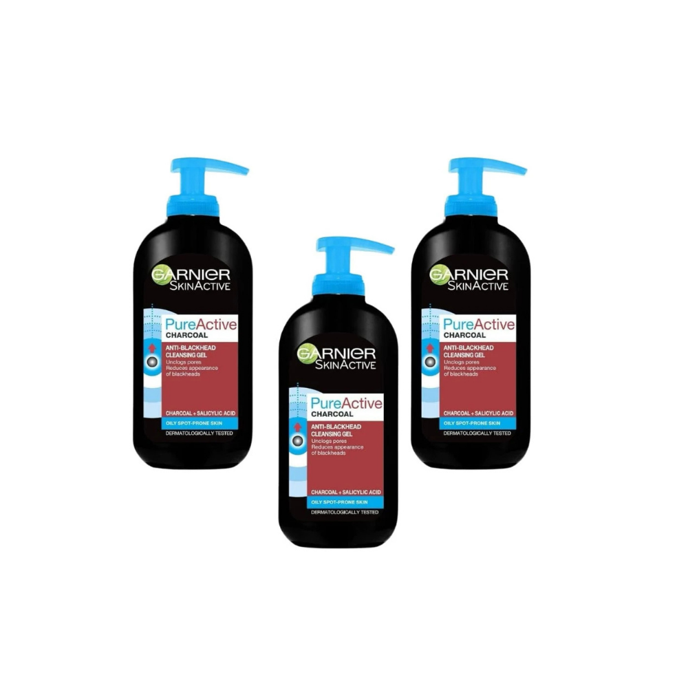 Garnier Pure Active Gel Nettoyant Intensif Anti-Points Noirs au Charbon 200 ml Lot de 3