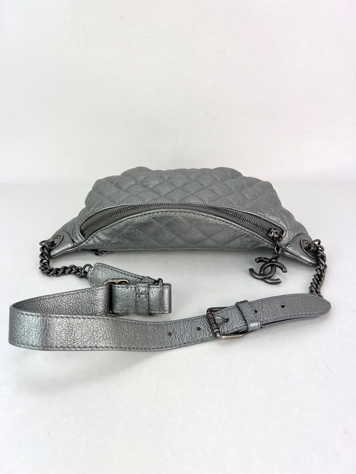 Chanel Metallic Dark Silver Calfskin Quilted Banane Fanny Pack Waist Bag