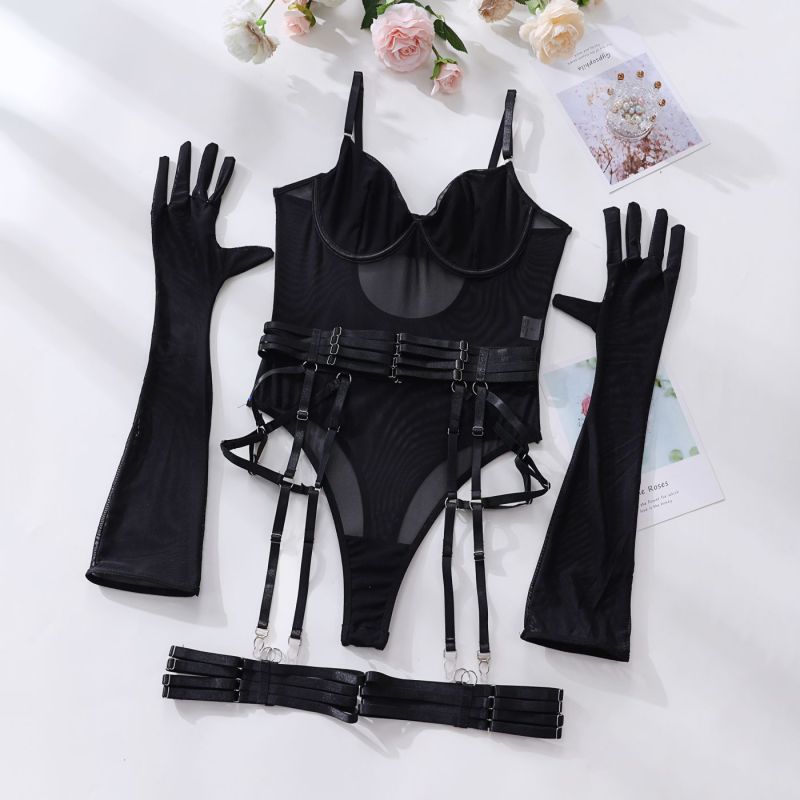 Women's Sexy One-Piece Bodysuit with Gloves and Bandage See-Through Mesh Suit