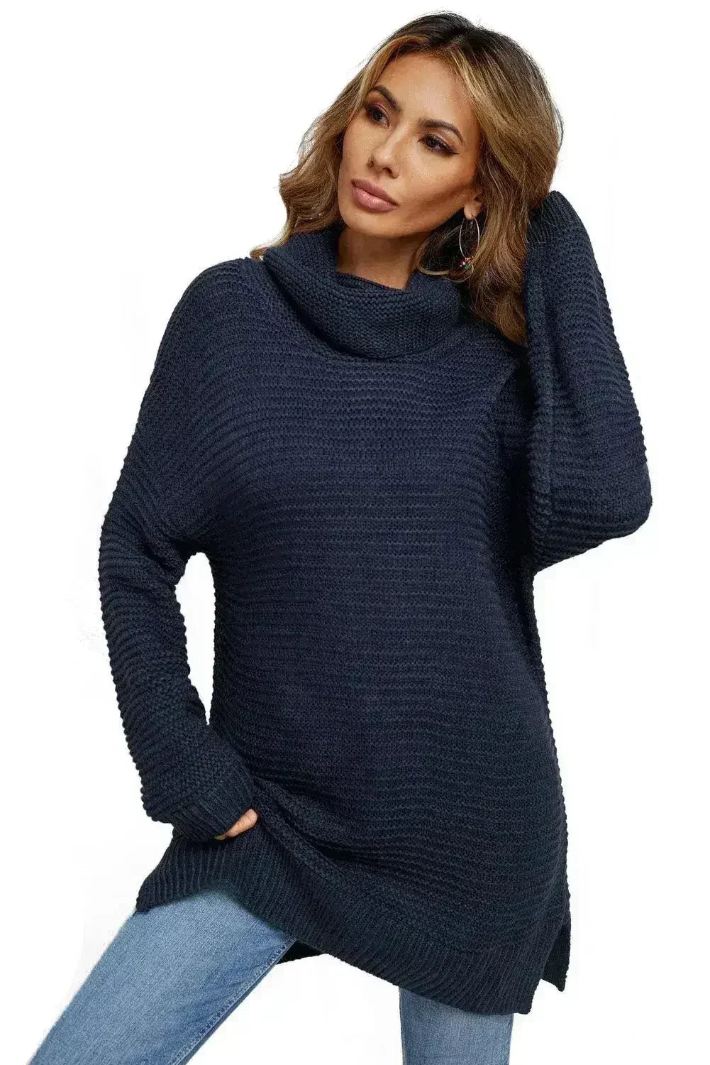 Navy Blue Turtleneck Sweater - Cozy Winter Knit with Long Sleeves | Femstylo