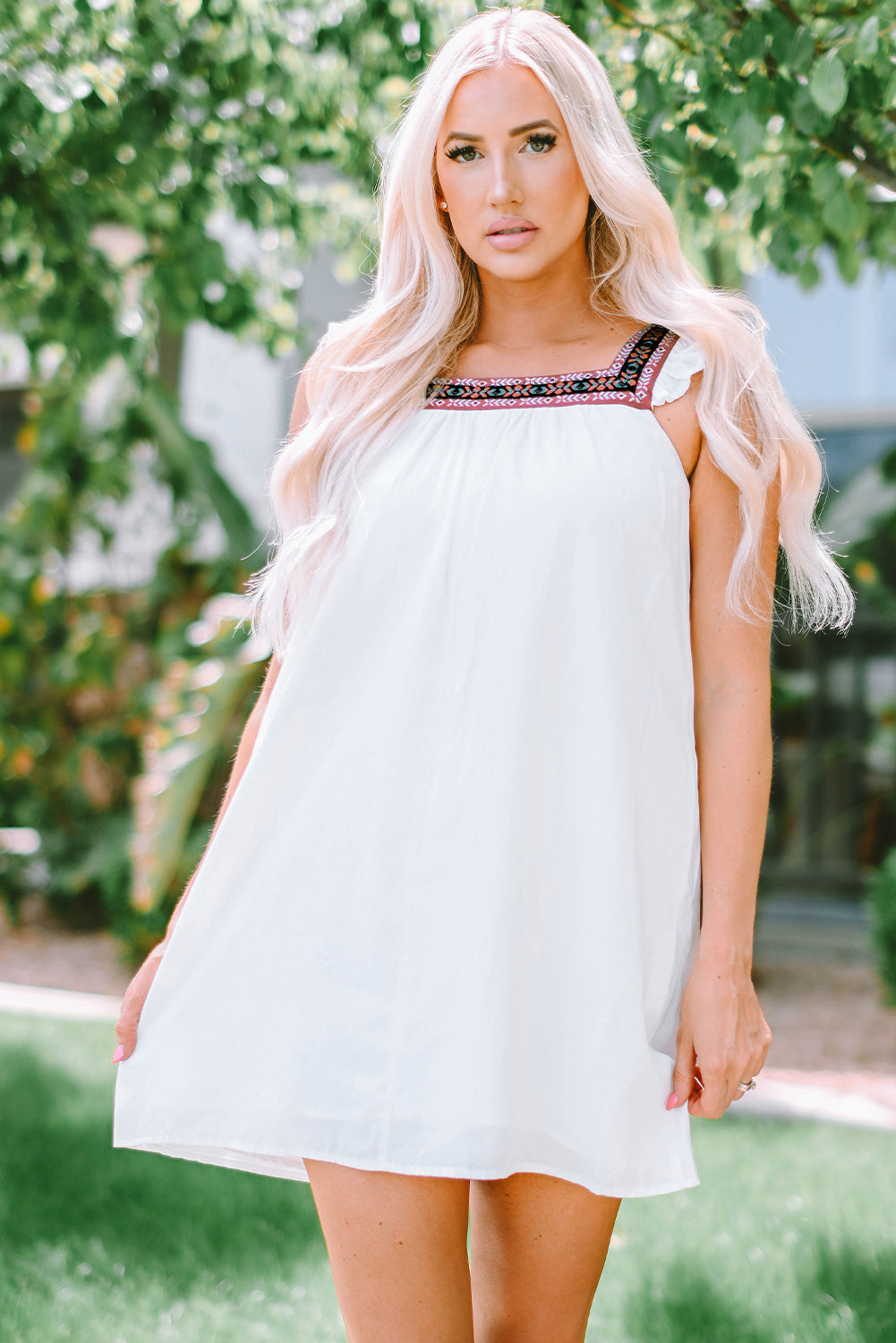 Nola Frill Embroidered Square Neck Shift Dress