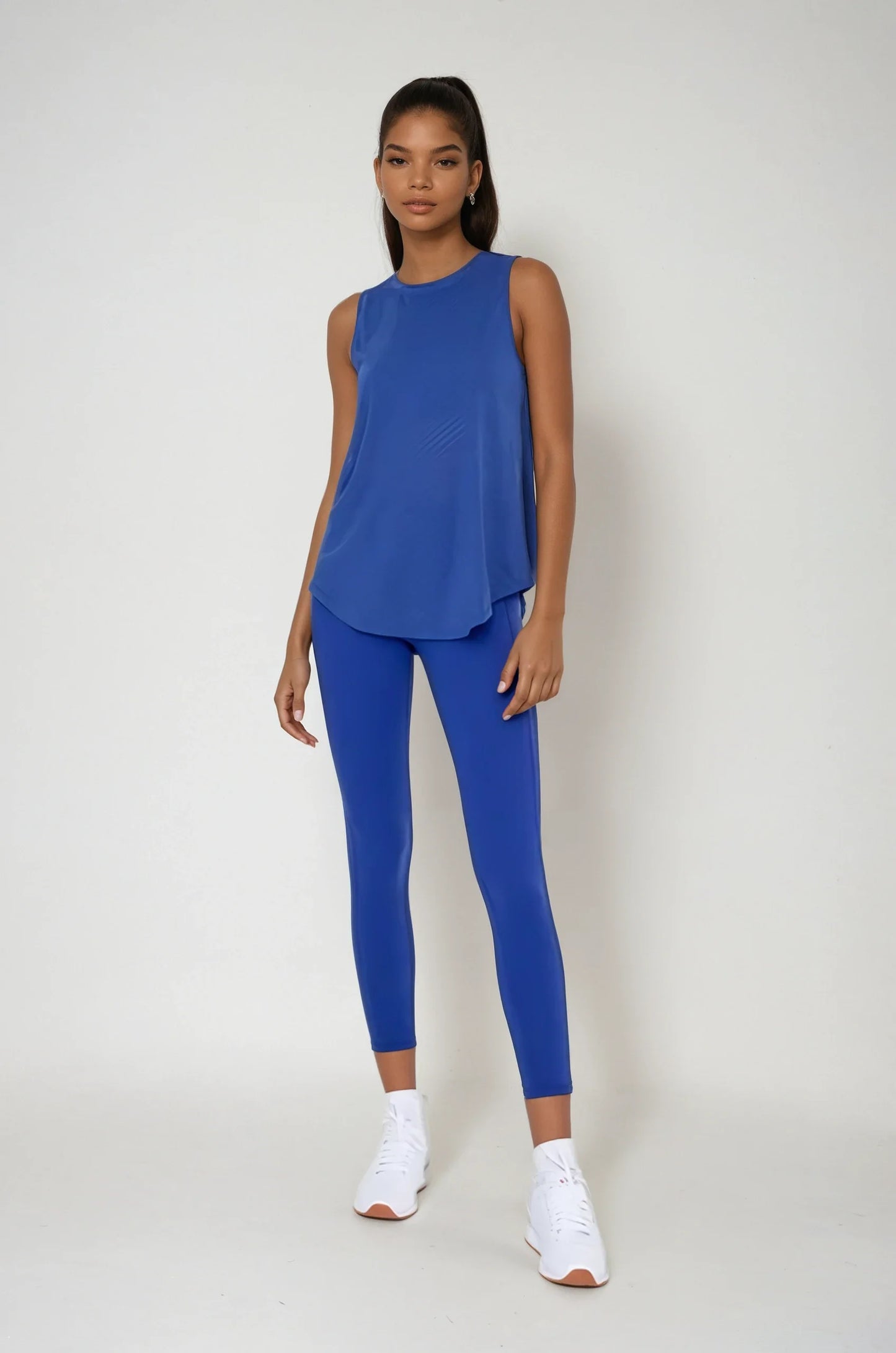 Sheer Striped Mesh Active Tank with Cut-Out Back Blue