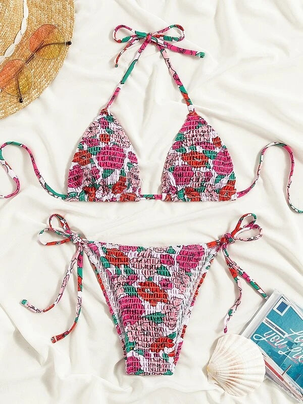 Sexy Lace up Bikini Split Swimsuit Women Pleated Floral Halter Swimsuit Bikini