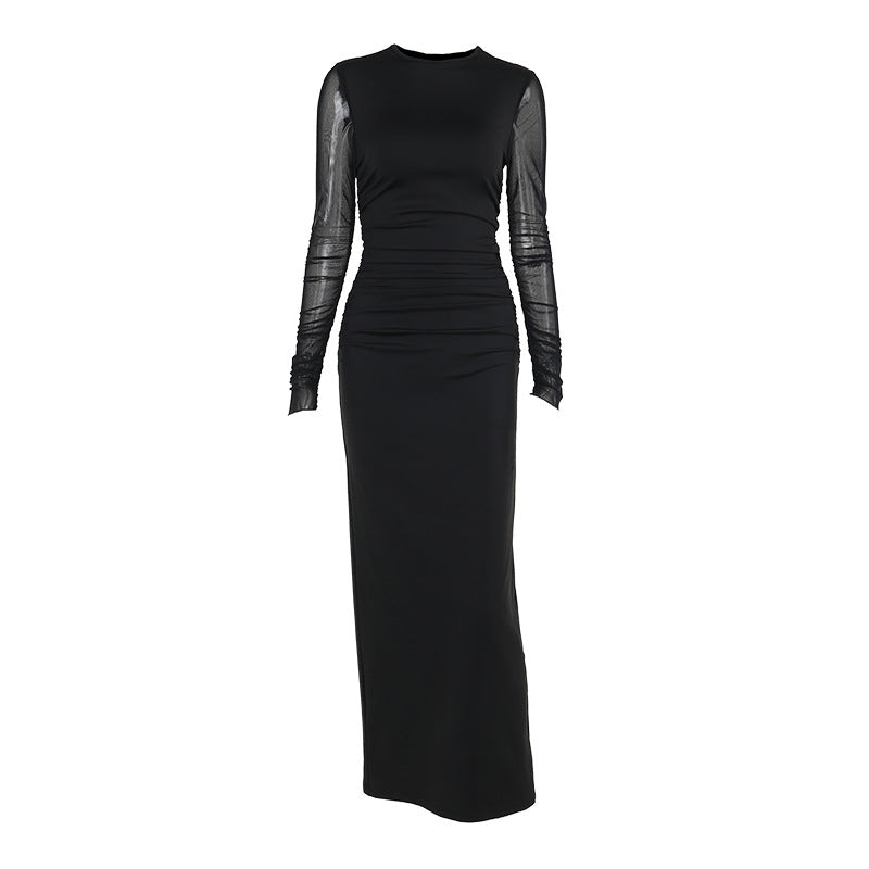 Autumn Long dress Socialite Elegant Slim Fit Mesh Sleeves Solid Color Dress Women