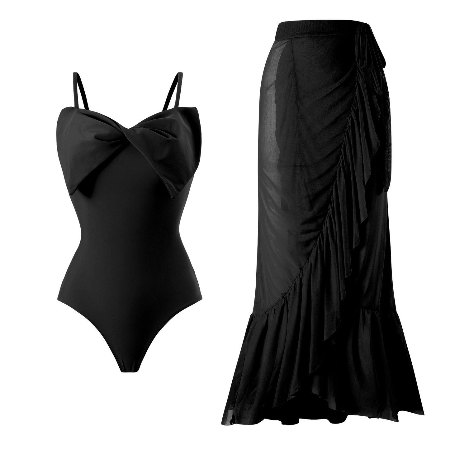 Sexy Swimsuit Women Spring One Shoulder Swimsuit Chiffon Split Beach Skirt Set