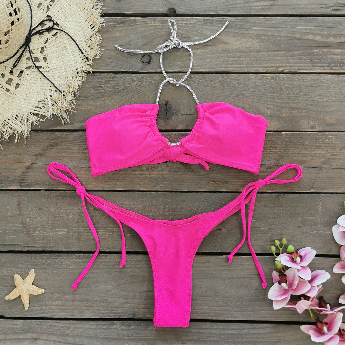 Solid Color Lace up Low Waist Sexy Hollow Out Cutout Bikini Split Swimsuit Women Bikini