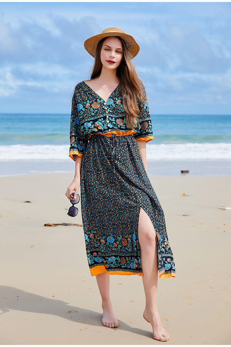 Plus Size Bohemian V neck Seaside Holiday Large Swing Drses Women Floral Breasted Dress Hem Slit Dress