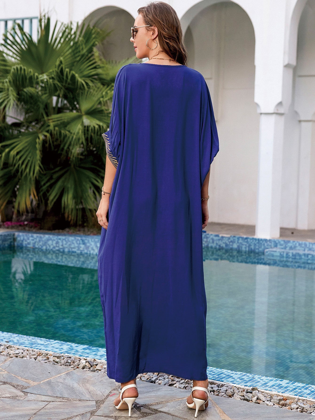 Navy Blue Rayon Embroidered Beach Cover Up Embroidered Robe Loose Sun Protection Shirt Beach Cover Up