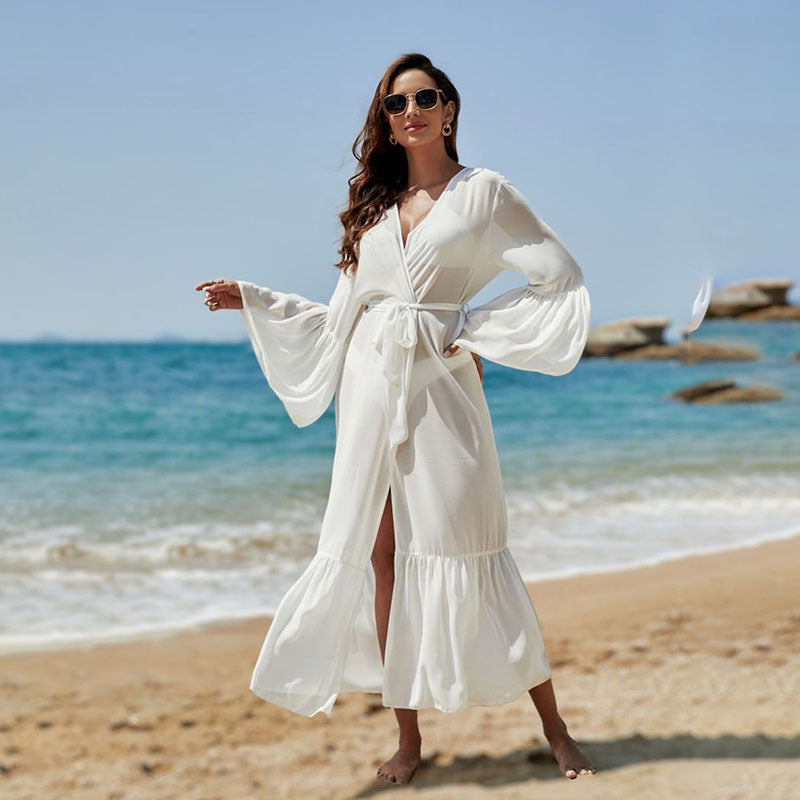 Chiffon Bell Sleeve Sun Protection Cardigan Long Beach Jacket Vacation Bikini Swimsuit Outwear Blouse