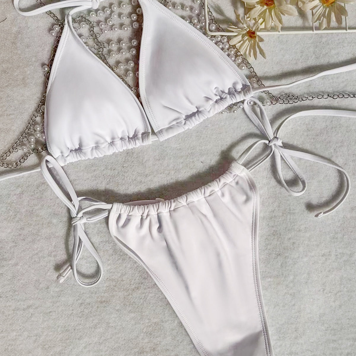 Sexy Pearl Chain Bandage Swimsuit Women Split Three Piece Bikini