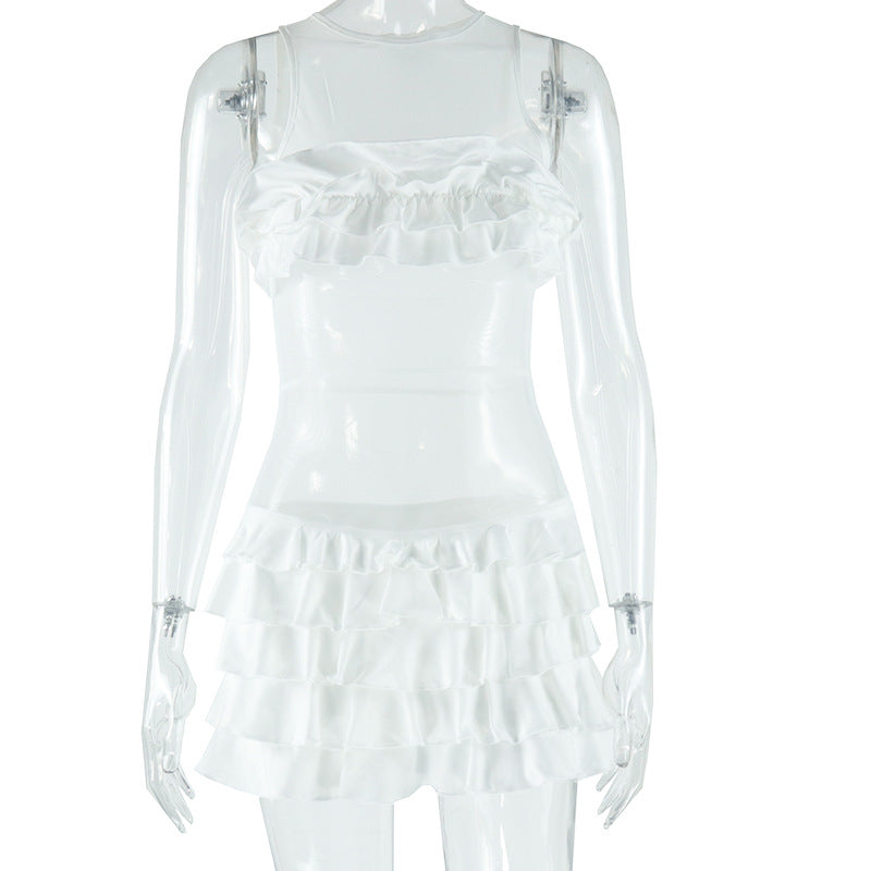 Women Clothing Solid Color Frillies Swing Hip Round Neck Sleeveless Sexy Dress