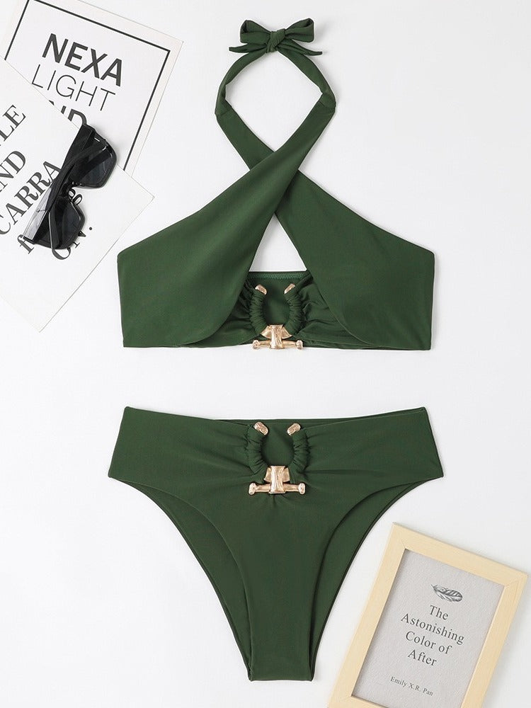 Women Seperated Swimwear Solid Color Cross Halter Sexy Bikini Swimsuit