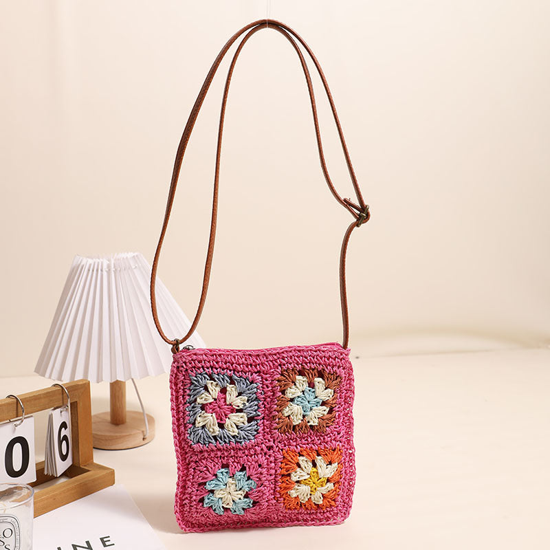 Hollow Out Cutout Floral Crossbody Straw Bag Retro Square Straw Bag Woven Bag Vacation Beach Bag All Match Shoulder Bag