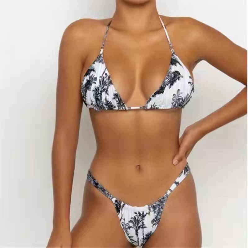 Split Bikini Women Swimsuit Strap Solid Color Fabric Chest Pad Push up