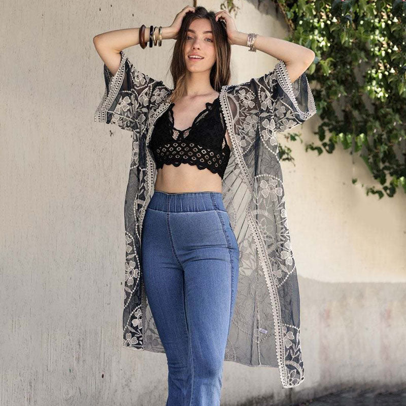 Lace Embroidered Beach Cover Up Sexy Cardigan Vacation Sun Protection Shirt Bikini Swimsuit Blouse