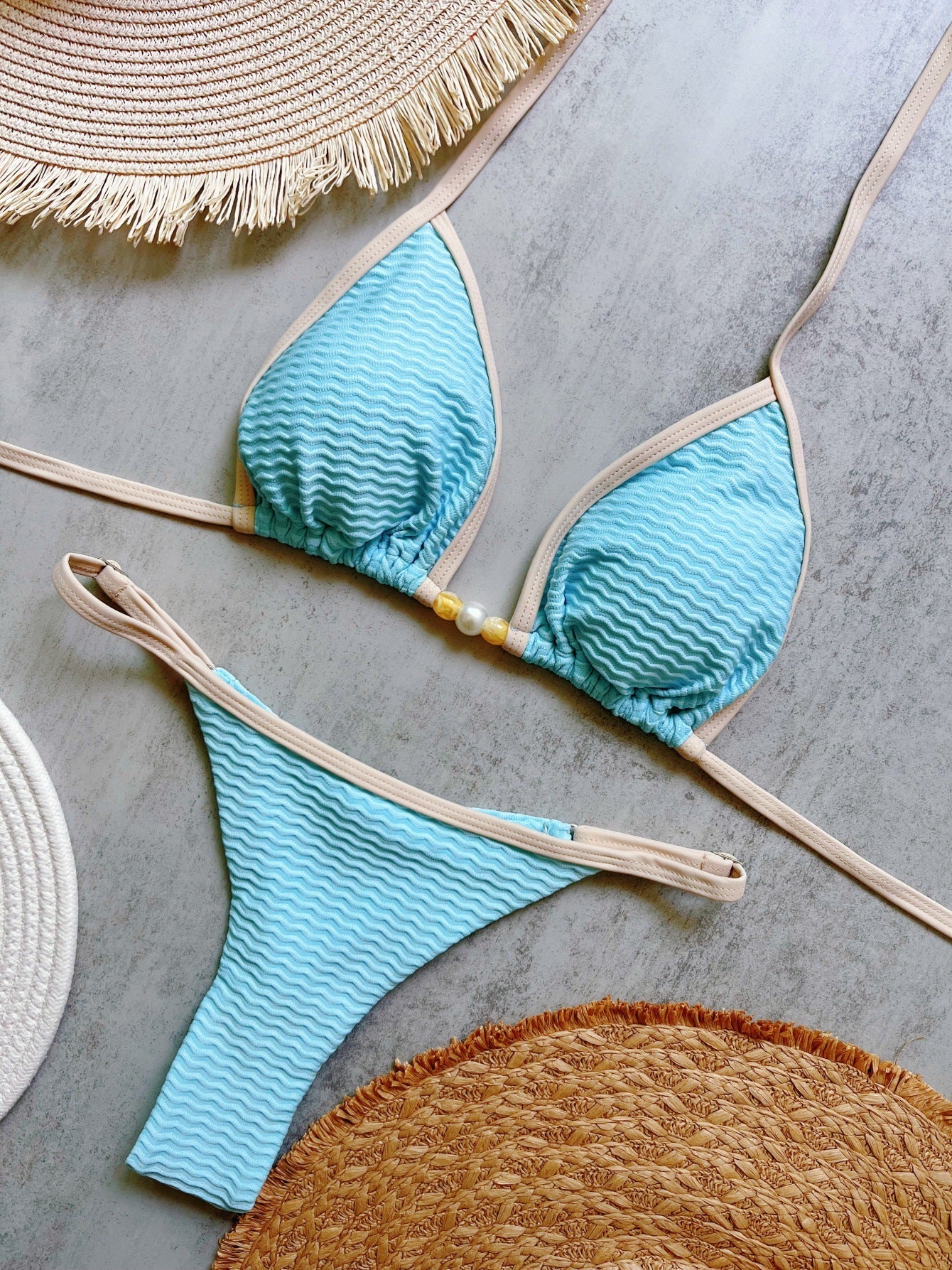 Special Fabric Pearl Accessories Solid Color Bikini Sexy Backless Split Swimsuit Bikini