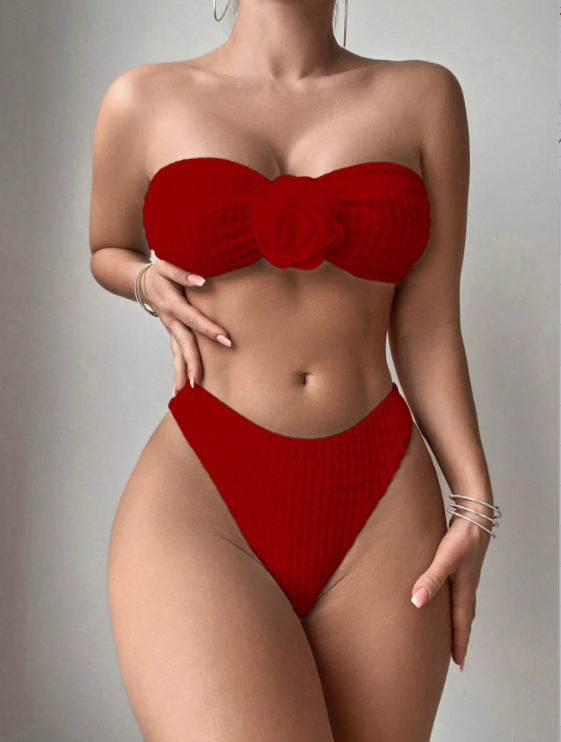 Split Sunken Stripe Pages Fabric Swimsuit Women Solid Color Bikini Two Piece Swimsuit