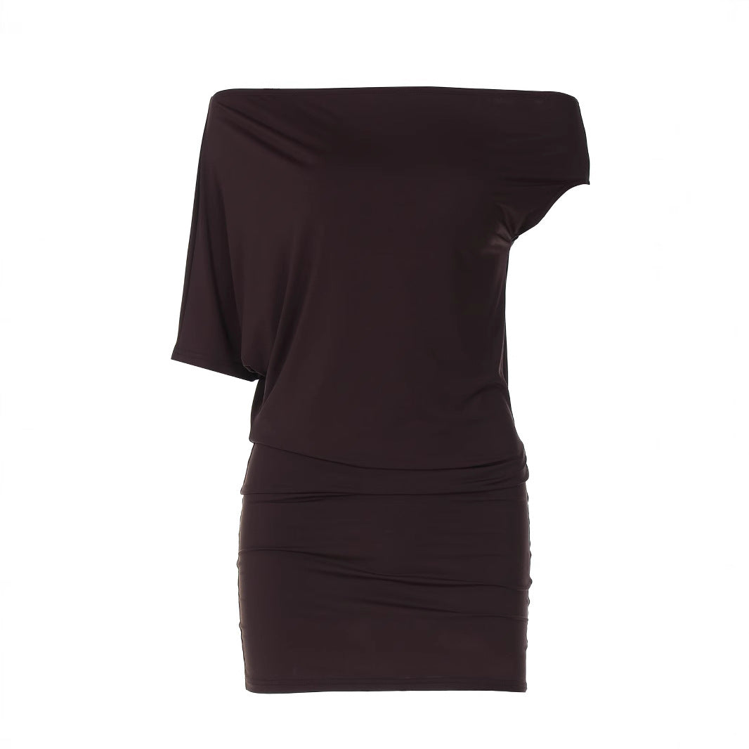 Sexy Solid Color Women Clothing Sexy Tube Top Irregular Asymmetric Shoulder Sleeve Short Slim Sheath Dress Women